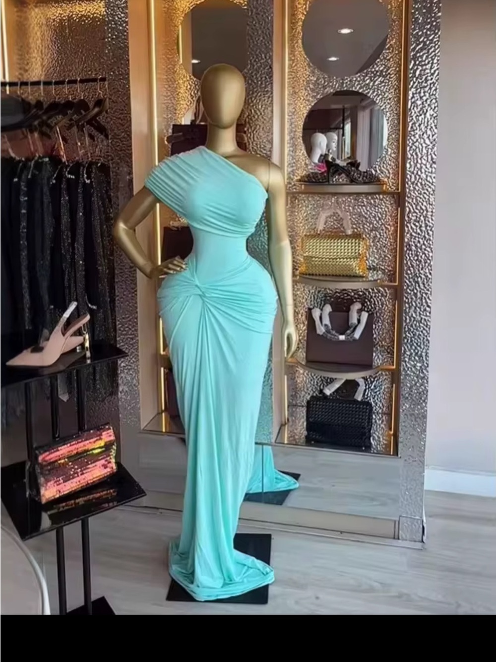 One-Shoulder Aqua Draped Evening Gown - Picture 10 of 11